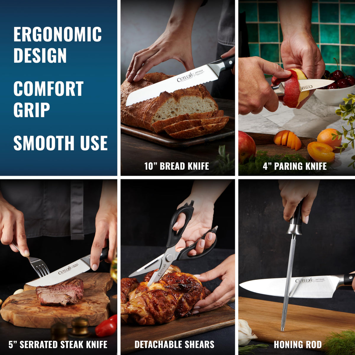 Cutluxe blades display emphasizes high-carbon German steel for sharp, precise cuts.