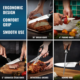 Cutluxe blades display emphasizes high-carbon German steel for sharp, precise cuts.