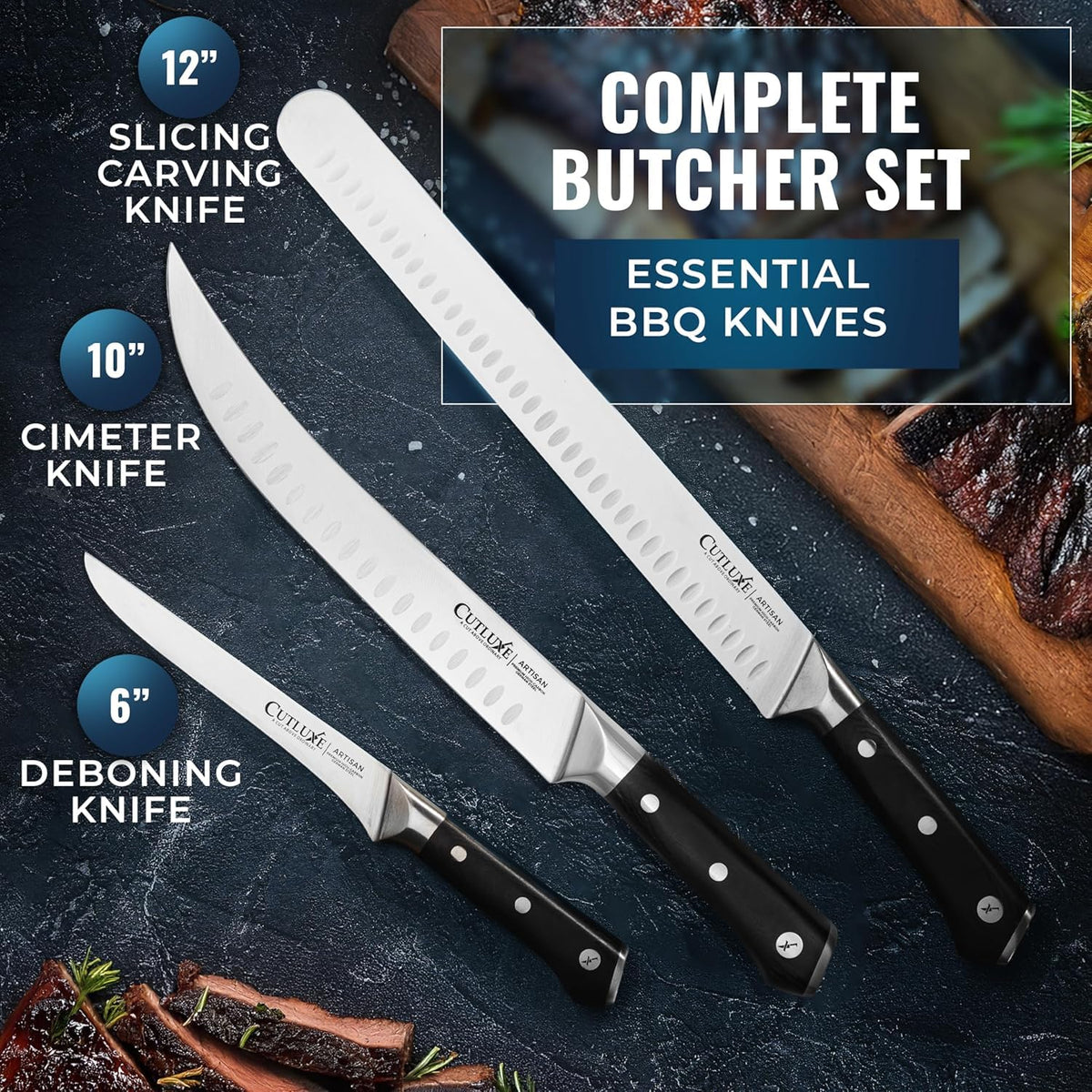 Cutluxe 6-inch boning knife precision cuts around joints.