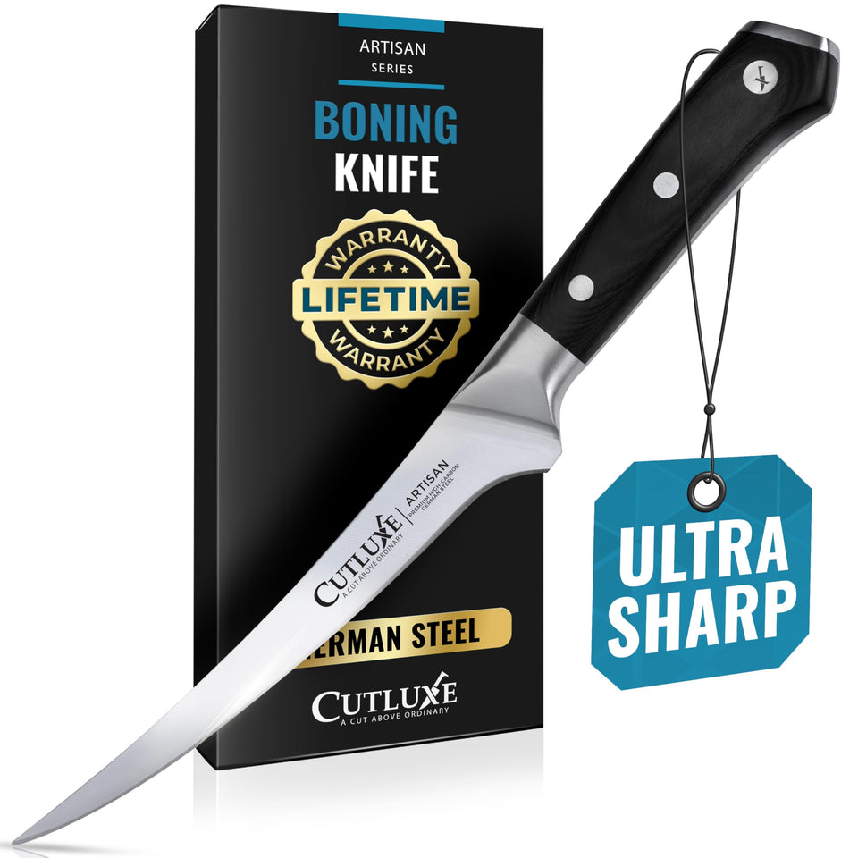 Cutluxe boning knife 6in edge closeup for precise filleting