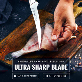 Cutluxe boning knife 6in filleting action in kitchen prep