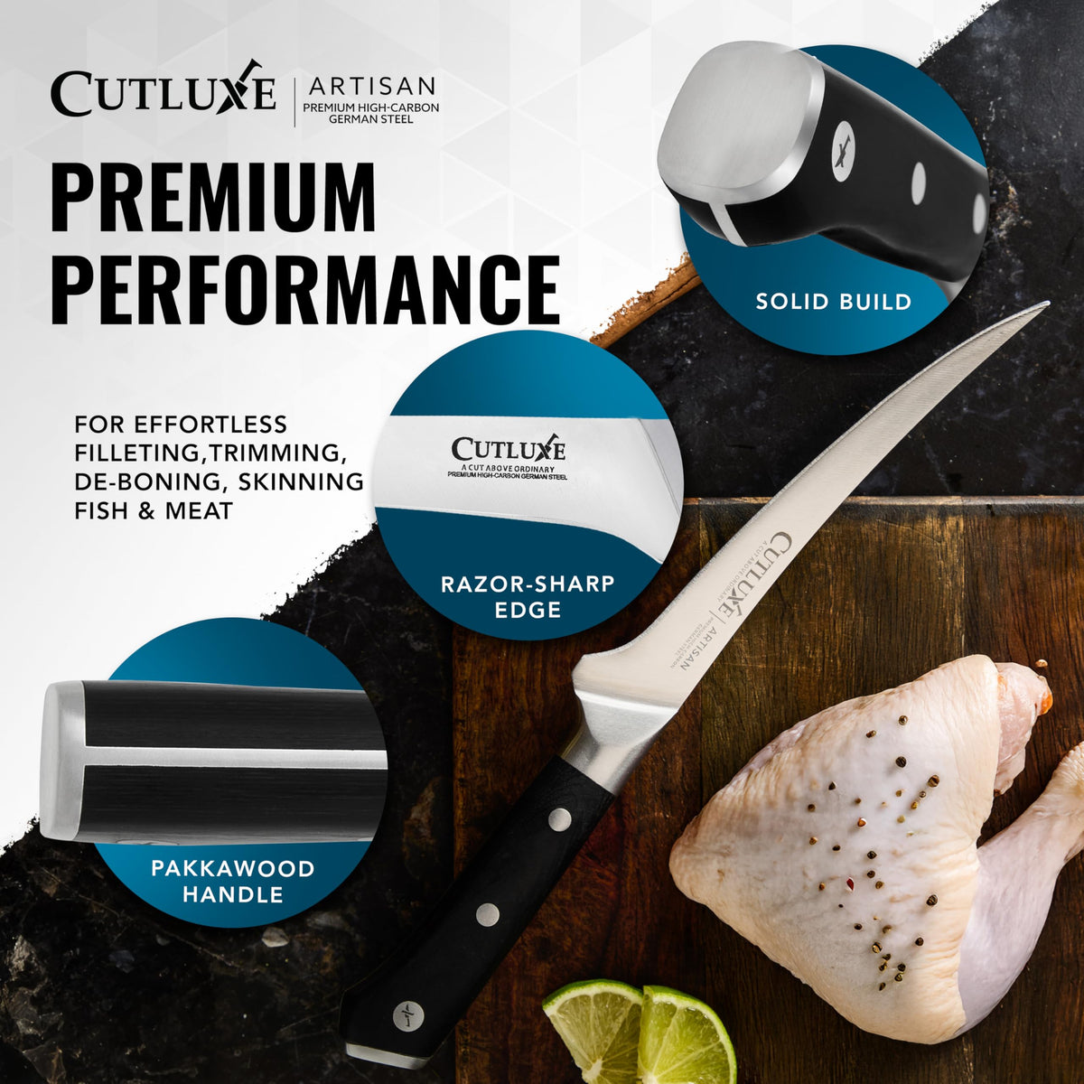 Cutluxe boning knife 6in full tang handle for balanced control