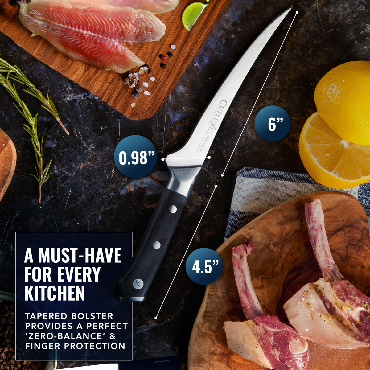 Cutluxe boning knife 6in pakkawood grip for comfortable, sanitary use