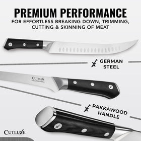 Cutluxe 6-inch boning knife enables clean deboning with control.