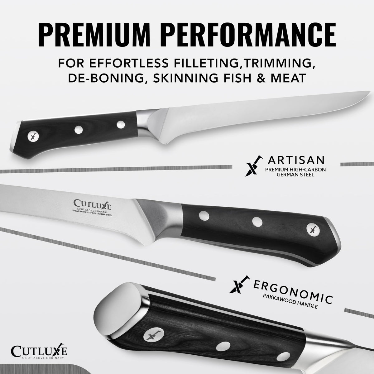 Cutluxe boning knife flexible blade for clean deboning and skinning