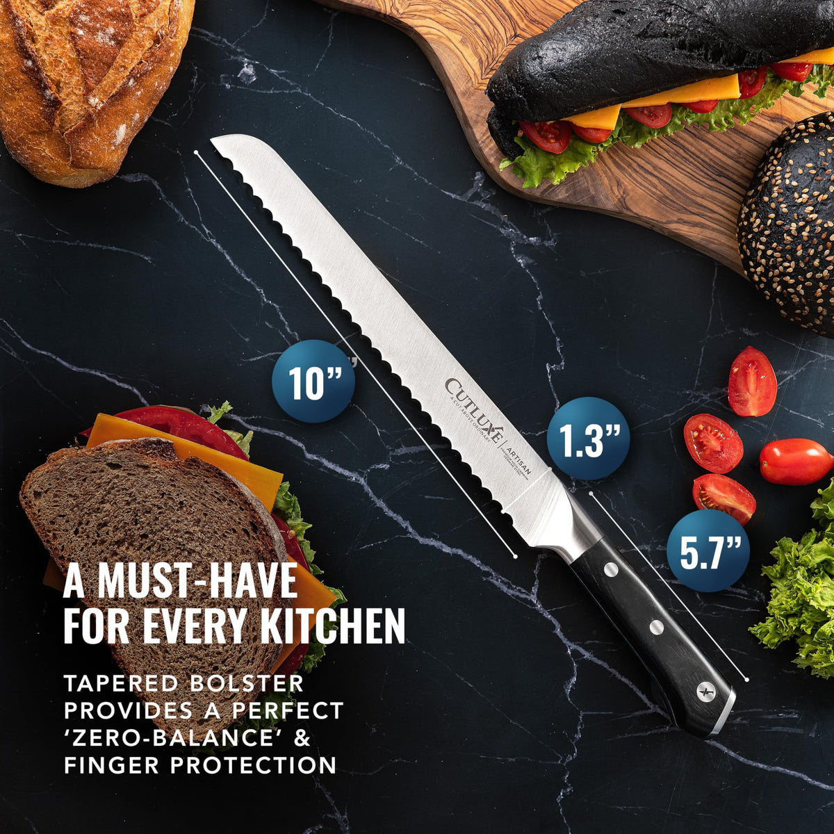 Cutluxe ergonomic design supports steady slicing of baguettes and brioche.