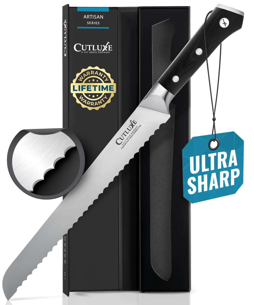 Cutluxe bread knife with full-tang ergonomic handle for comfortable, controlled slicing.