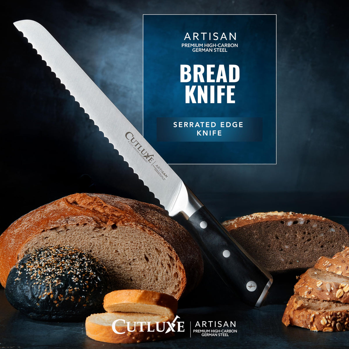 Cutluxe high-carbon German steel for lasting sharpness and dependable performance.