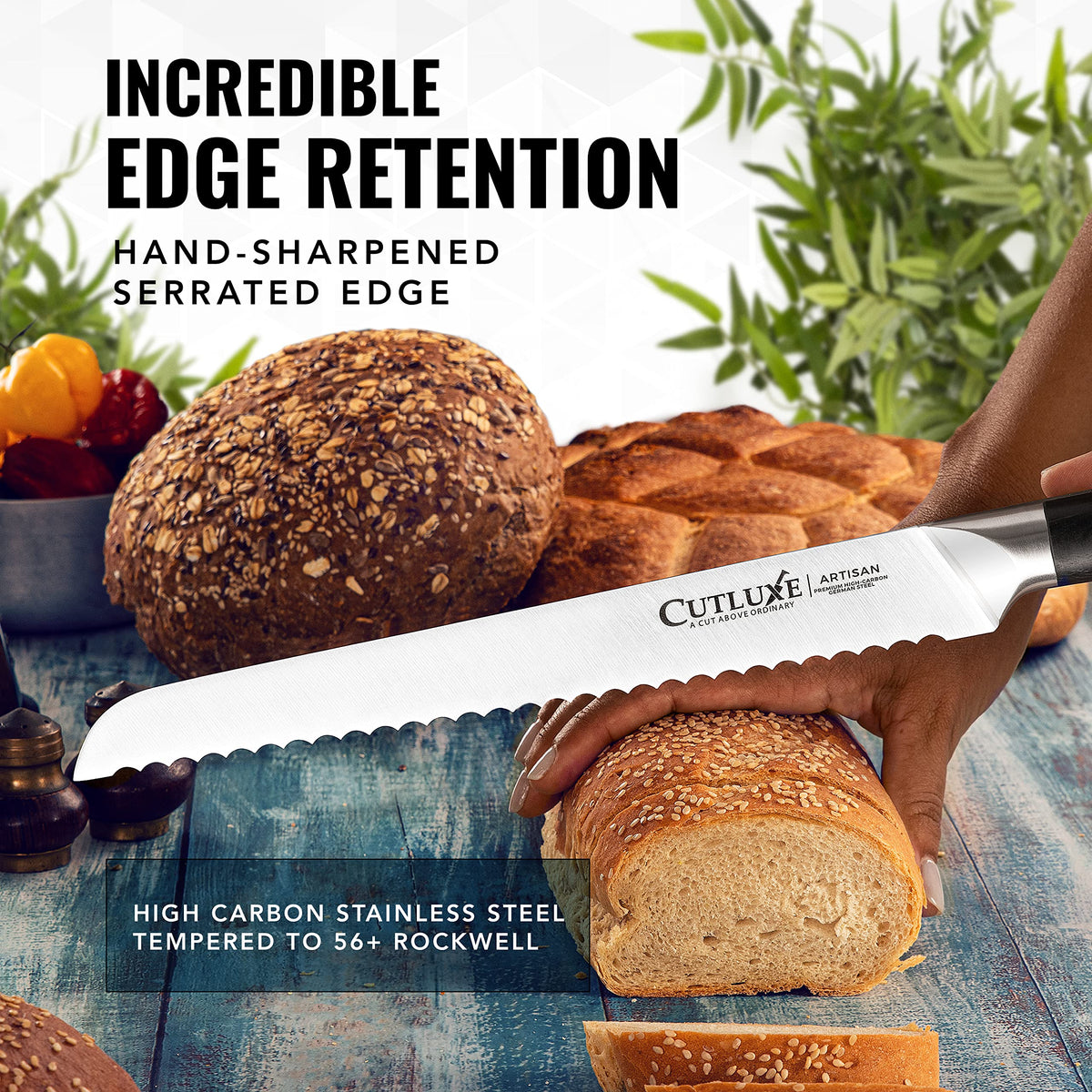Cutluxe pakkawood full-tang handle provides durable grip and refined look.