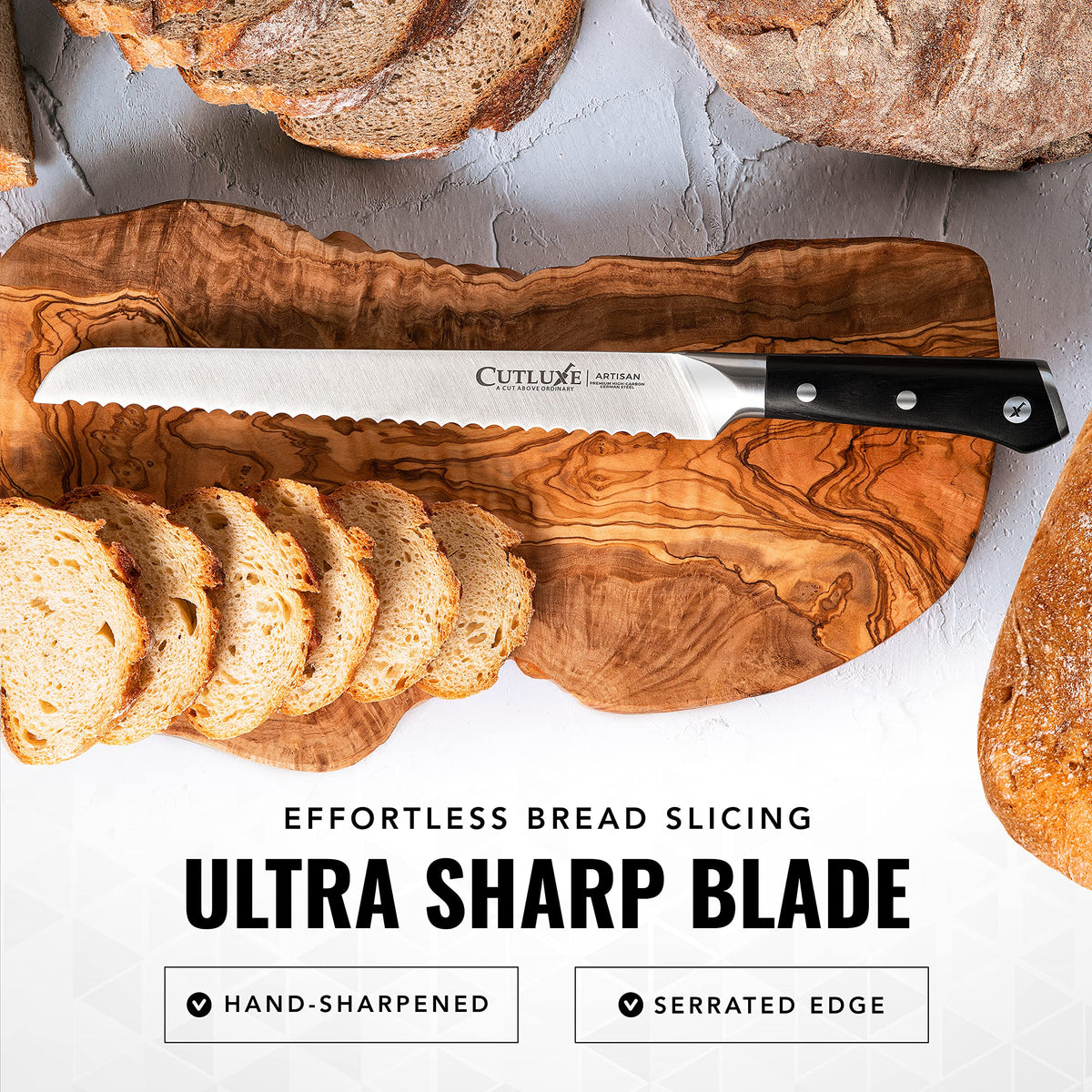 Cutluxe precision slicing ideal for thick loaves, bagels, and crusty breads.