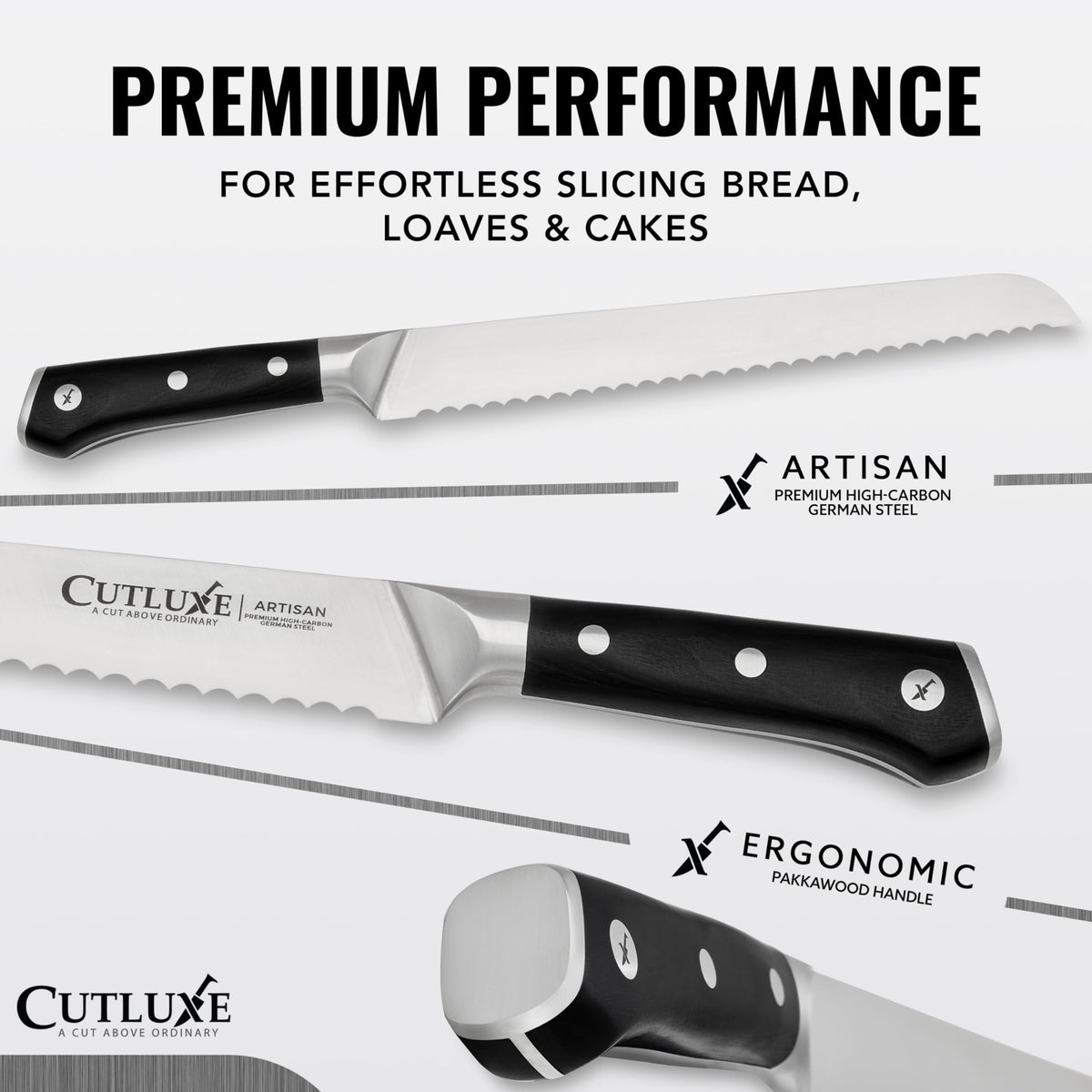 Cutluxe serrated edge delivers clean, precise cuts with minimal crumb dispersion.