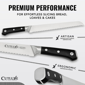 Cutluxe serrated edge delivers clean, precise cuts with minimal crumb dispersion.