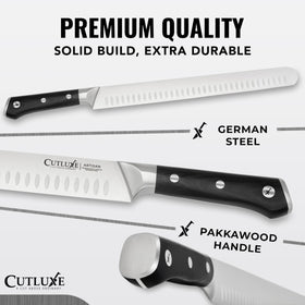 Cutluxe 10-inch breaking knife in action for primal trimming.