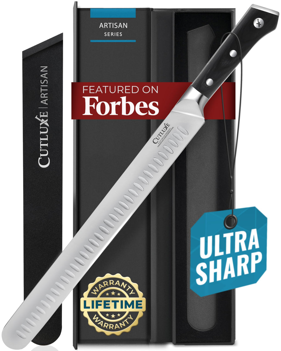 Cutluxe Brisket Knife 12-inch edge for precise carving of brisket and roasts.