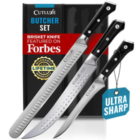Cutluxe 12-inch brisket knife blade slicing thick meat with precision.