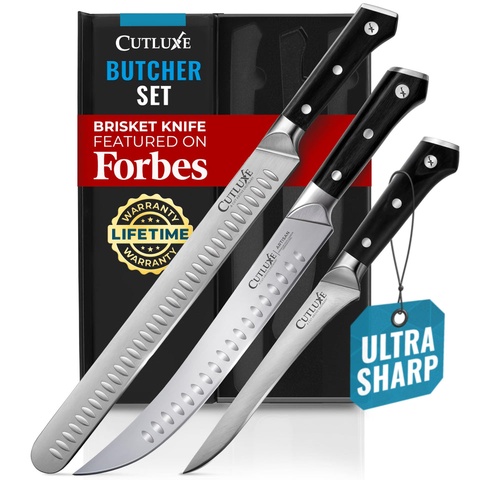 Cutluxe 12-inch brisket knife blade slicing thick meat with precision.