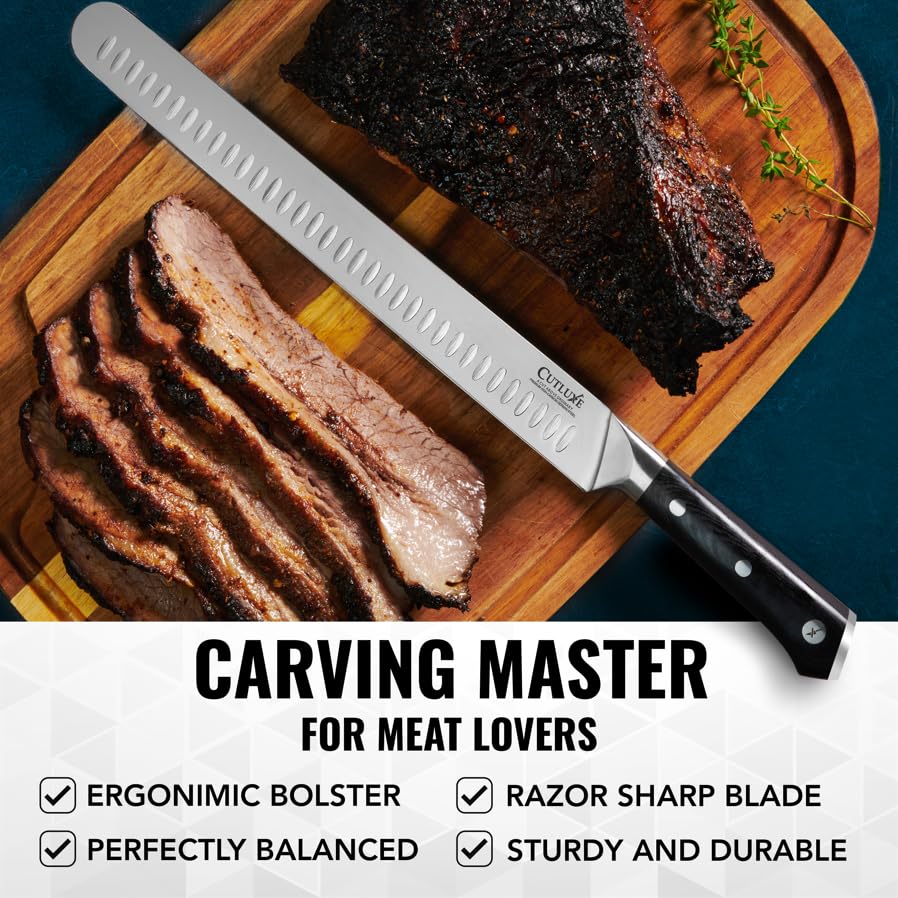 Cutluxe Brisket Knife edge detail highlights 14-16 degree precision per side.