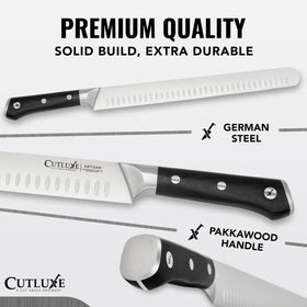 Cutluxe Brisket Knife with ergonomic pakkawood handle for comfortable long slicing.