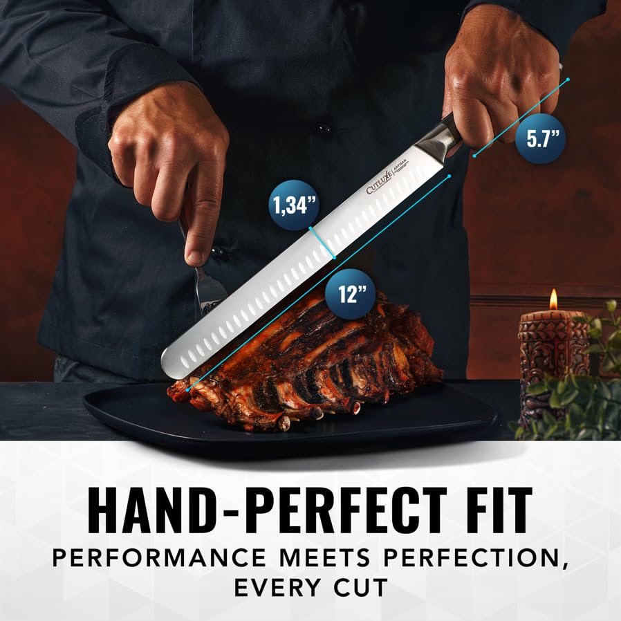 Cutluxe Brisket Knife full tang design for durability and control.