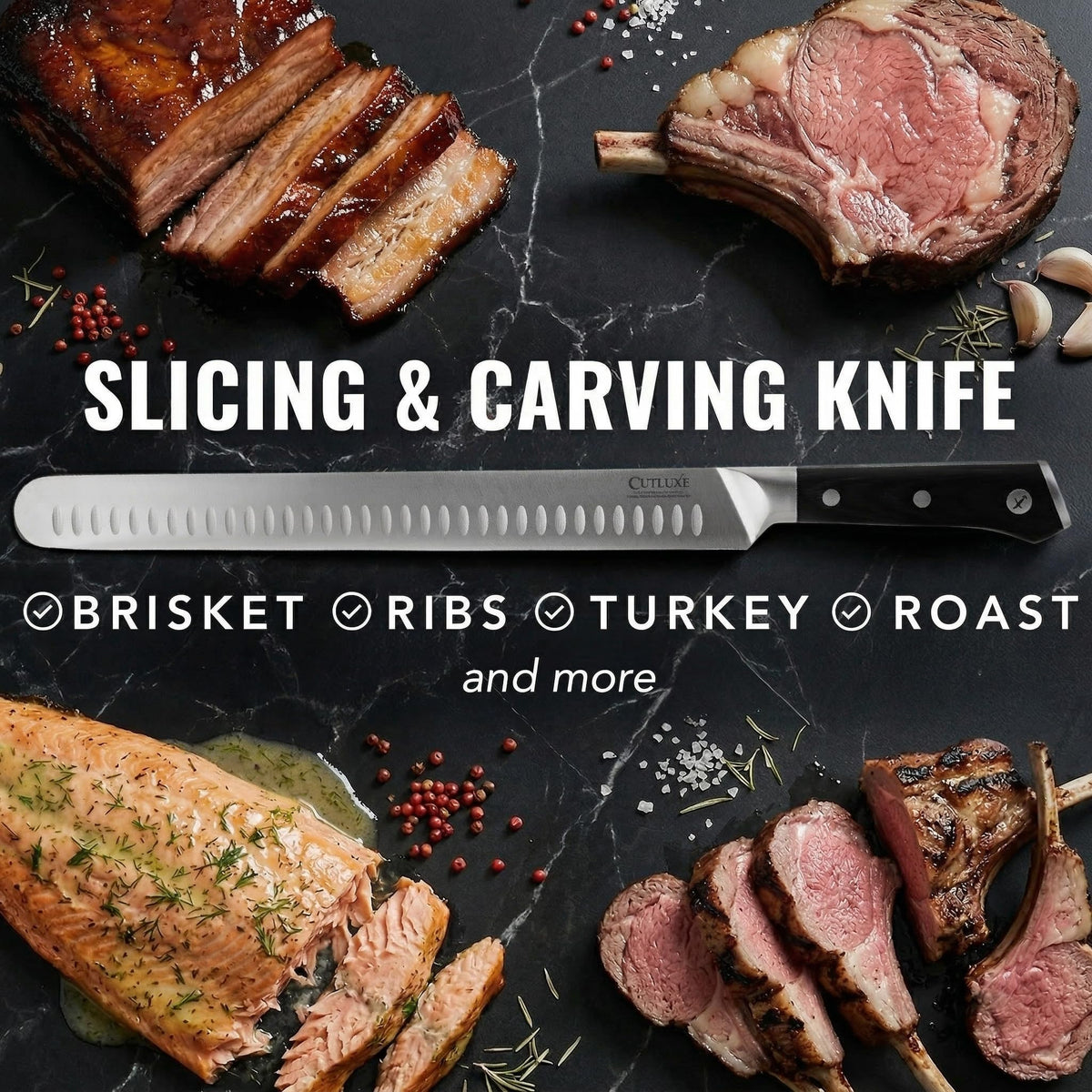 Cutluxe German steel blade offers sharpness and rust resistance for daily meat slicing.