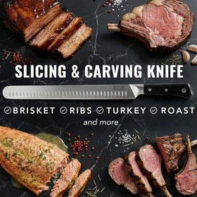 Cutluxe German steel blade offers sharpness and rust resistance for daily meat slicing.