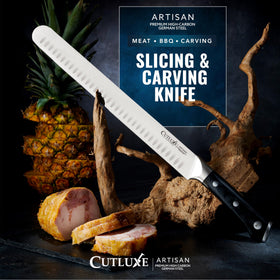 Cutluxe Brisket Knife shown in a carving scene for precision meat slicing.