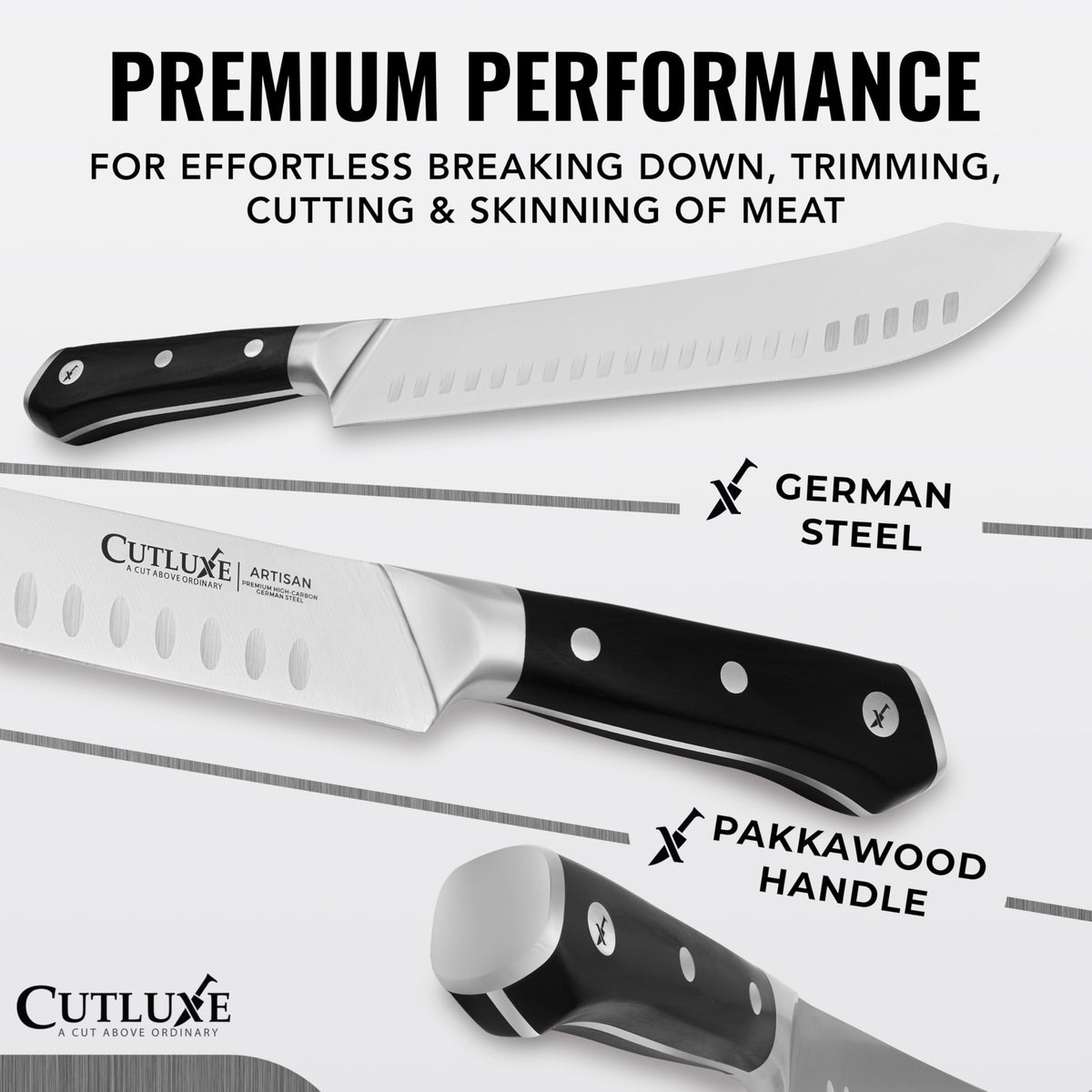 Cutluxe bullnose carving knife 10-inch blade for smooth carving.