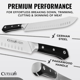 Cutluxe bullnose carving knife 10-inch blade for smooth carving.