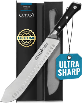 Cutluxe bullnose carving knife 10 inch ready for precise, clean meat carving on the board.