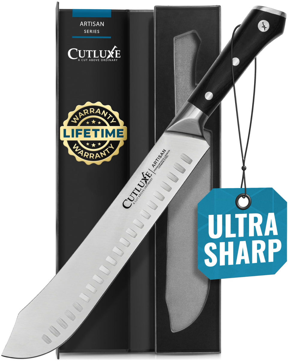 Cutluxe bullnose carving knife 10 inch ready for precise, clean meat carving on the board.