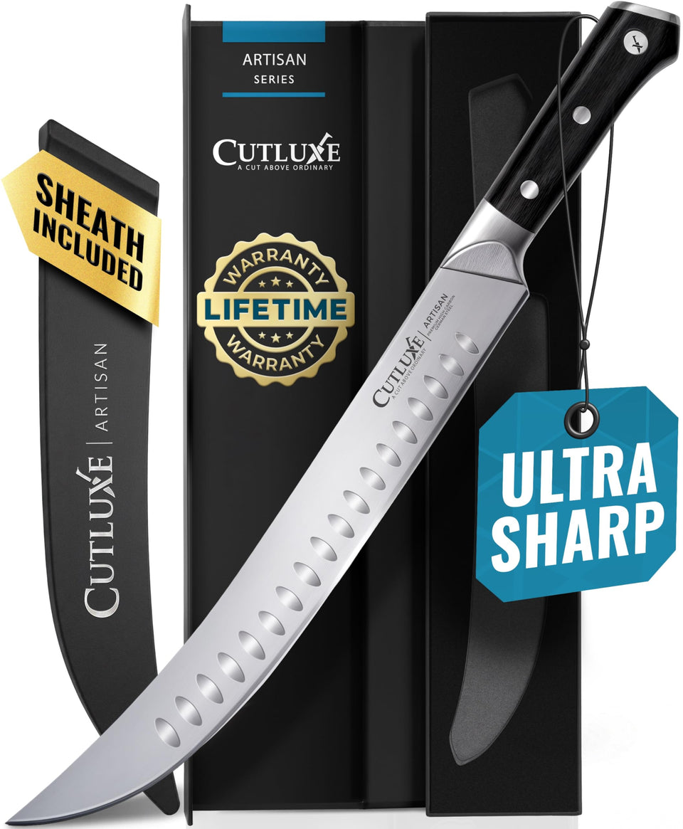 Cutluxe butcher knife 10-inch blade edge enables precise meat portioning