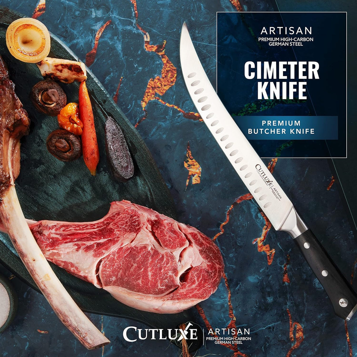 Cutluxe razor-sharp Granton edge delivers clean slicing with minimal waste