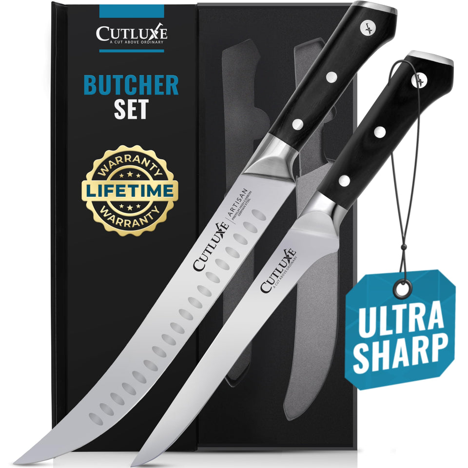 Cutluxe 10-inch cimeter breaking knife delivers precise meat cuts.