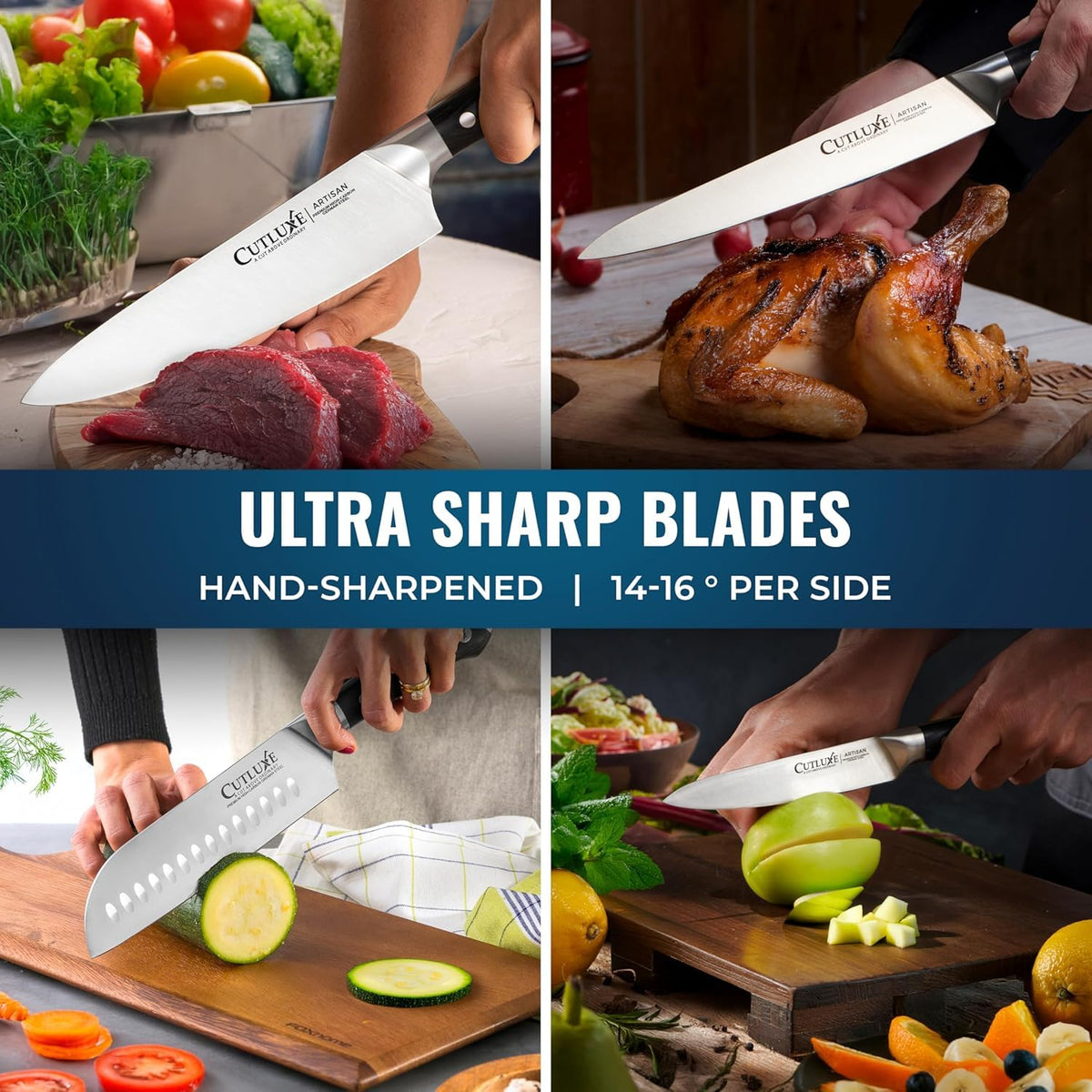 Cutluxe carving knife slicing showcases effortless portioning of roasts and poultry.
