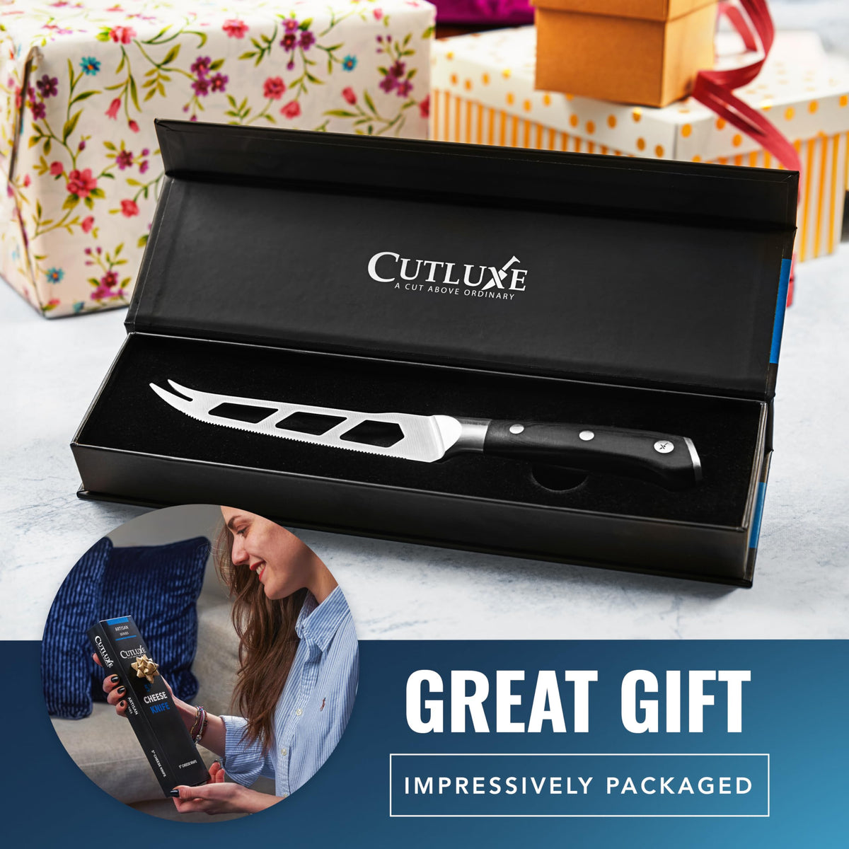 Cutluxe ergonomic design reduces hand fatigue during prep.