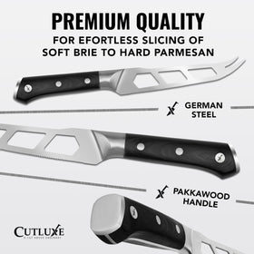 Cutluxe hollow-blade knife for non-stick cutting of soft cheeses.