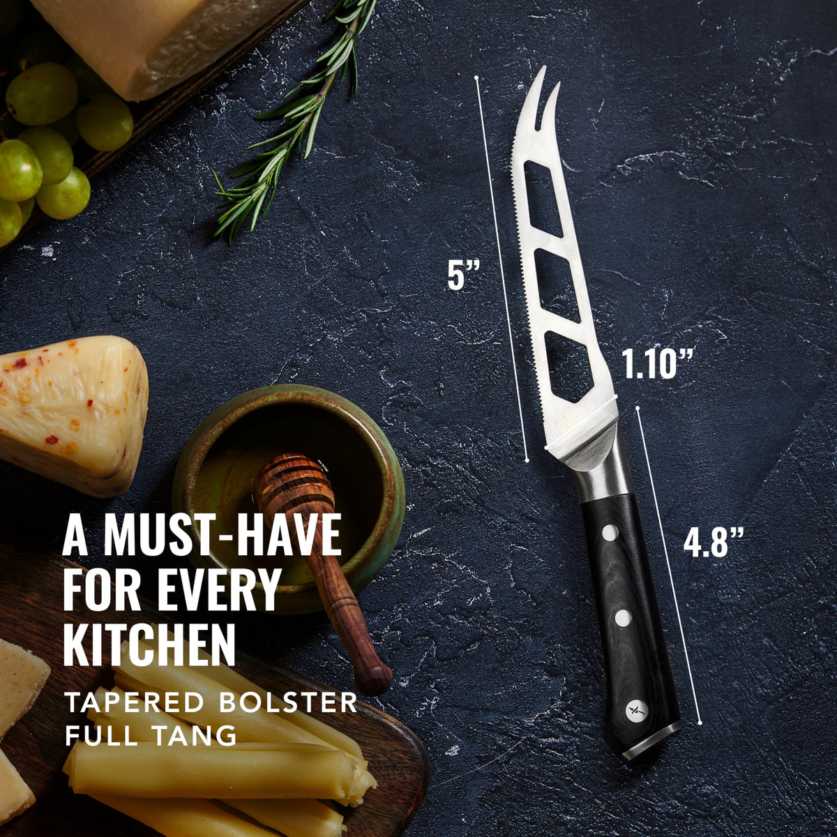 Cutluxe pakkawood handle provides a comfortable grip.