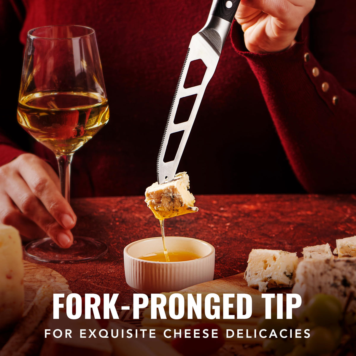 Cutluxe pronged-tip knife helps lift slices securely.