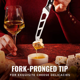 Cutluxe pronged-tip knife helps lift slices securely.