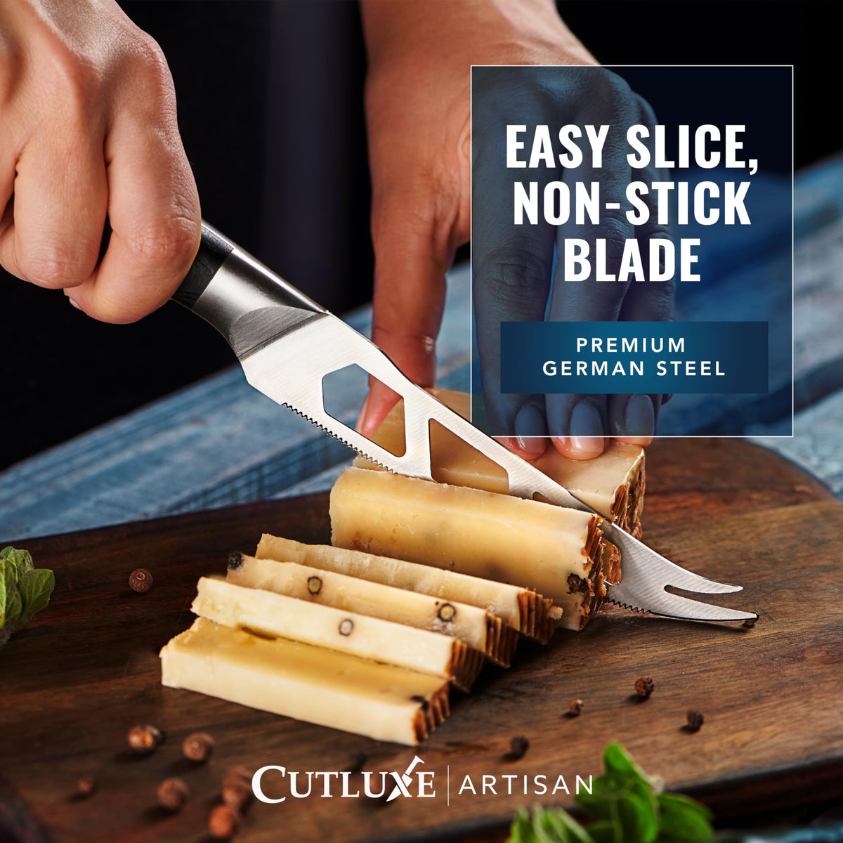 Cutluxe serrated-edge knife delivers clean cuts across textures.
