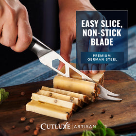 Cutluxe serrated-edge knife delivers clean cuts across textures.