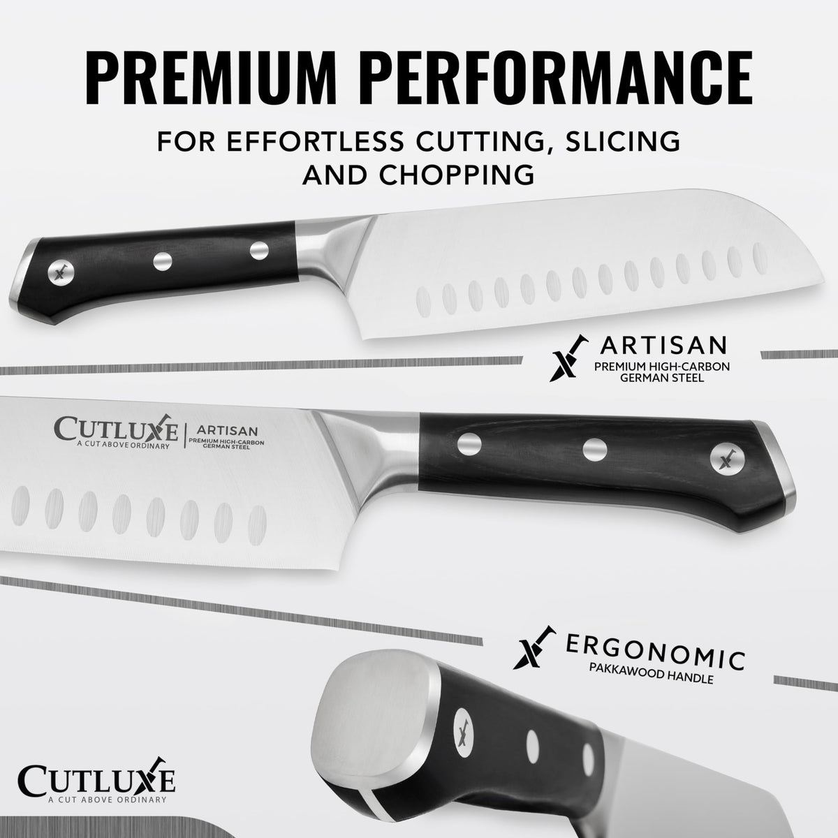 Cutluxe Chef Knife Set 5.5 inch utility blade for delicate prep and trimming.