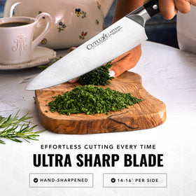 Cutluxe Chef Knife Set full-tang ergonomic handles for comfortable long use.