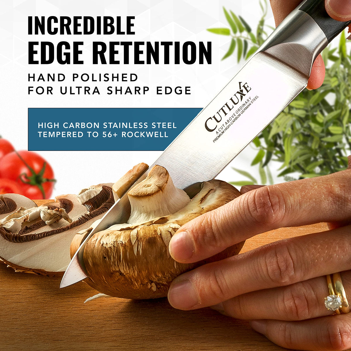 Cutluxe Chef Knife Set German steel close-up highlighting rust resistance.