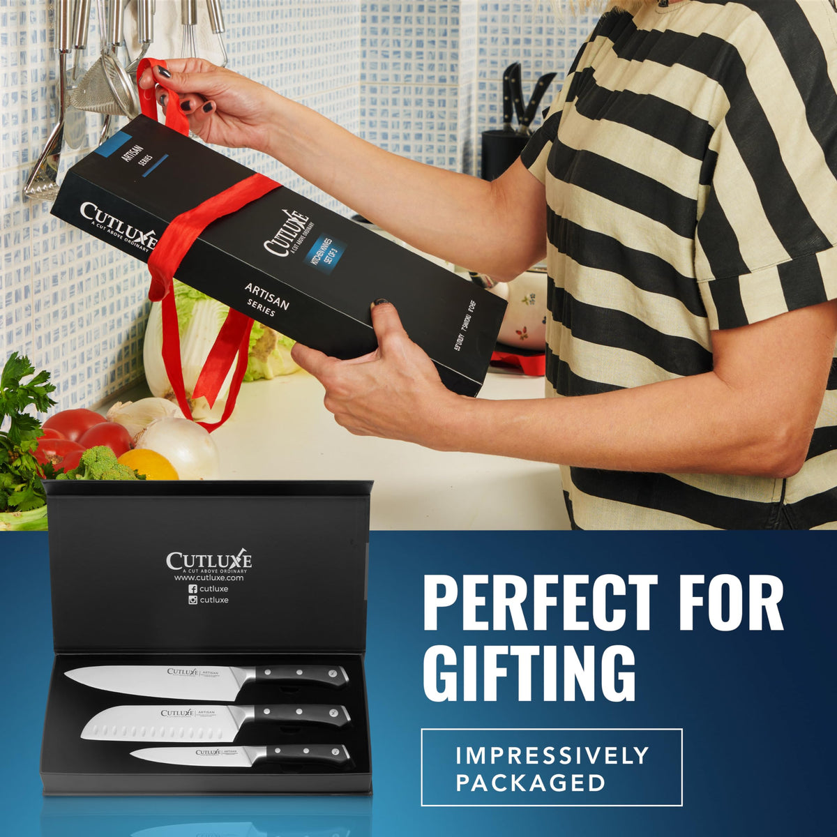 Cutluxe Chef Knife Set storage block keeping knives organized and accessible.