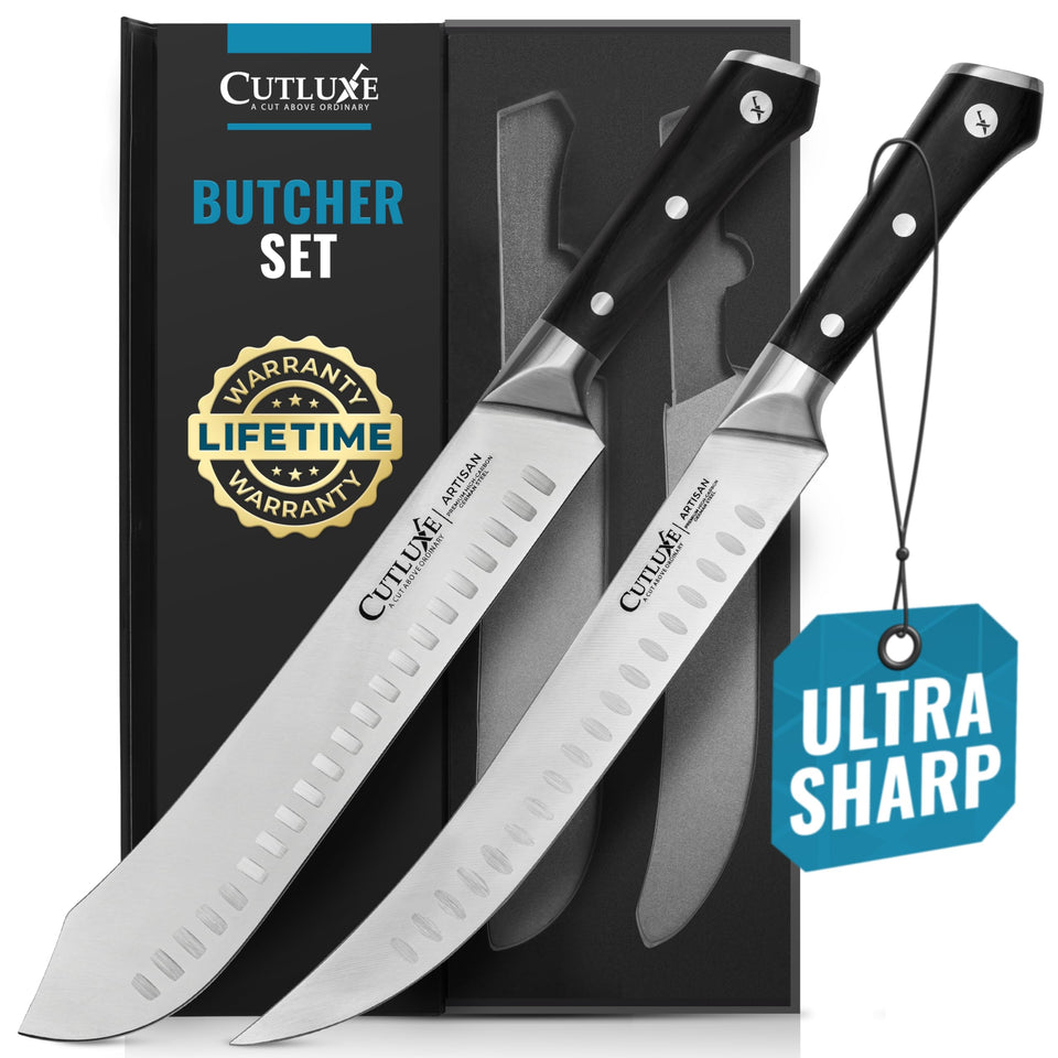 Cutluxe cimeter breaking knife 10-inch blade for precise meat cuts.