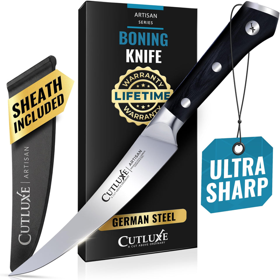 Cutluxe curved boning knife blade close-up for precise filleting