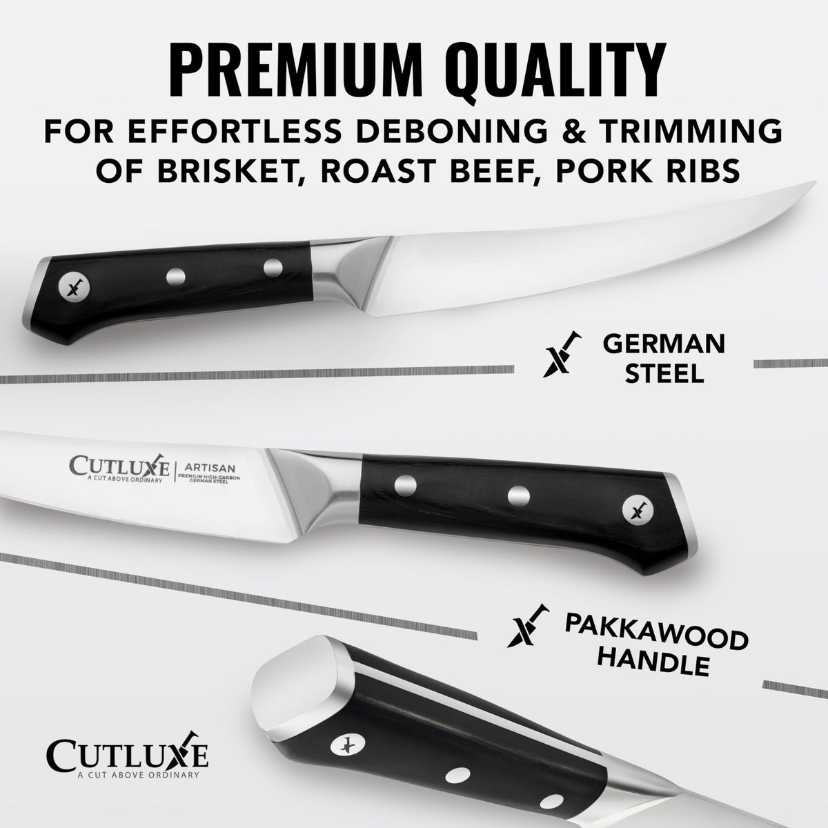 Cutluxe curved boning knife full tang and ergonomic handle for comfortable cutting