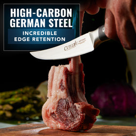 Cutluxe curved boning knife high-carbon German steel indicating longevity