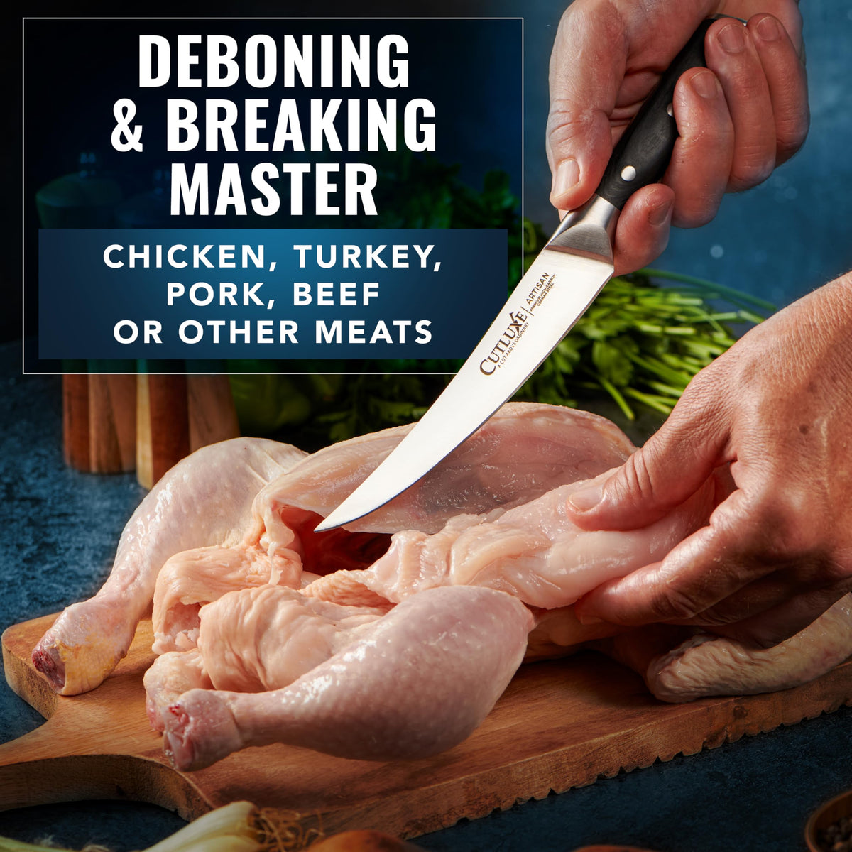 Cutluxe curved boning knife in hand demonstrates control during filleting